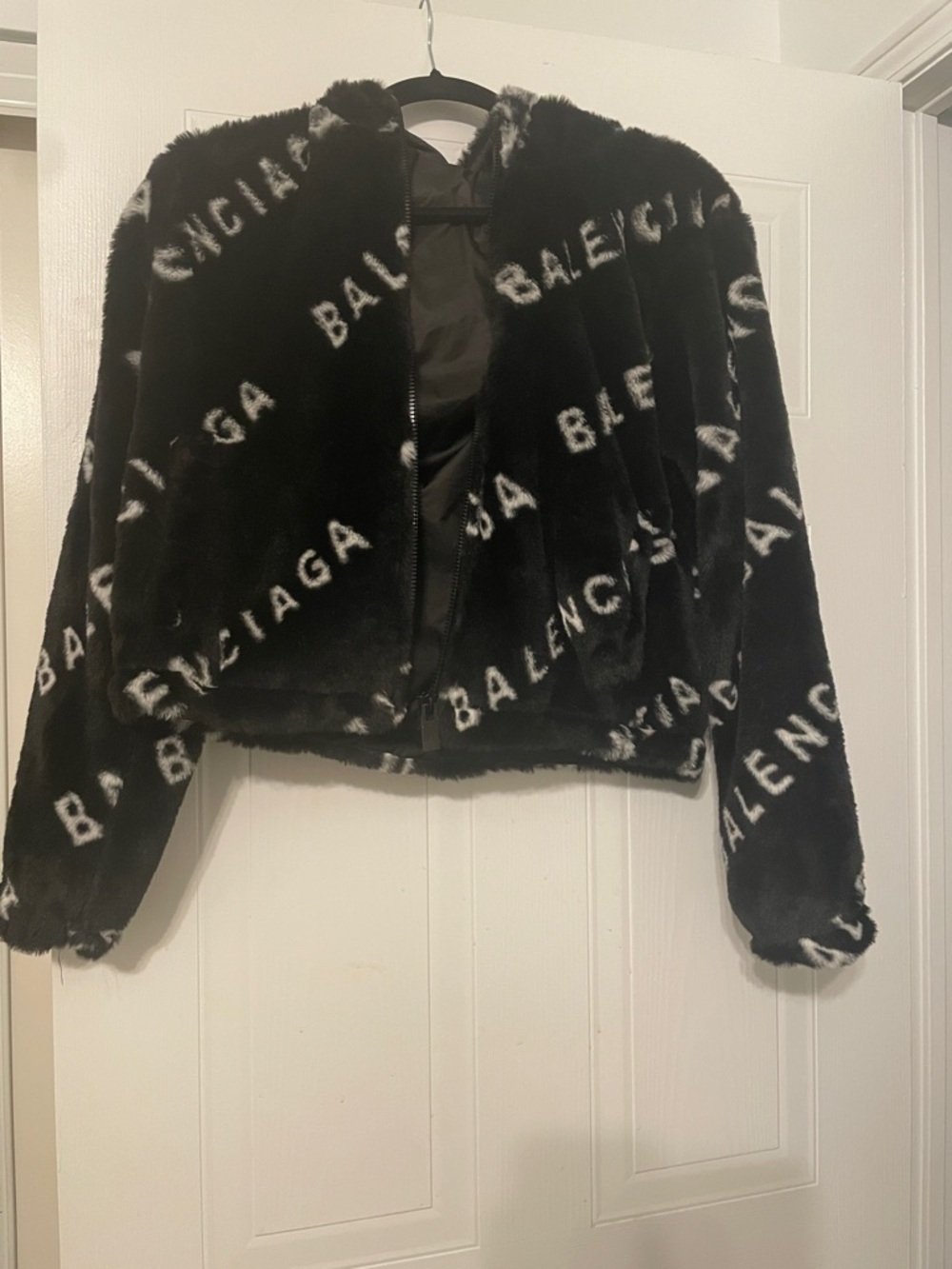 Black Logo Teddy cropped Fur Zip Jacket